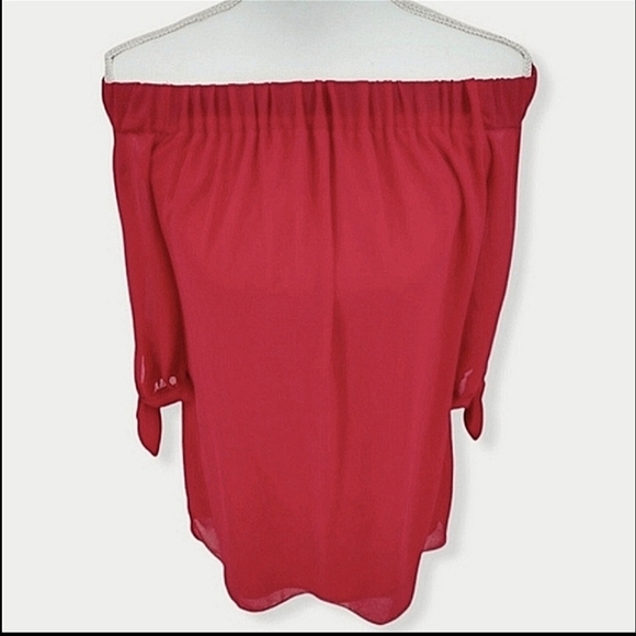 BCX Wmns Y2K Solid Red Sheer 3/4 Bowtie Sleeve Cold Shoulder Shift Dress SzM NWT - Picture 3 of 12